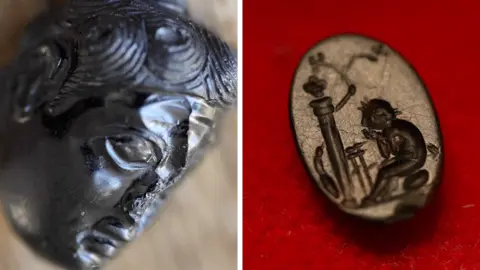A split picture showing a bronze bust on the left and a small oval bronze coloured gem with a picture engraved in to it sitting on ared cloth 