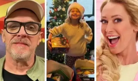 Three images in a composite, with Greg Davies on the left, Christmas present deliverer Amelia in the middle, and musical star Faye Tozer on the left