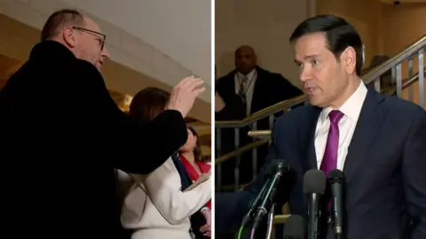 Split screen of Tom Bateman in a dark coat and Marco Rubio in a suit at a podium of mics. 