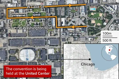 Map of the protests in Chicago at the DNC – division of the planned march route with start and finish in Union Park