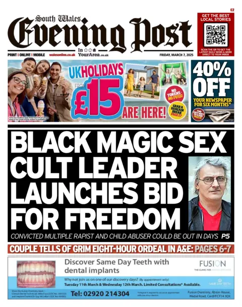 South Wales Evening Post The front page of the South Wales Evening Post with the main headline: "Black magic sex cult leader launches bid for freedom" and a picture of a man with long white hair, glasses and wearing a red t-shirt and black leather jacket. Above is a box with the writing 40% off, and another advertisement next to it which has a picture of a family smiling on a beach and the text: "UK holidays £15 are here". At the bottom is an advert for a dental company called Fusion, which has a photo of teeth, writing which reads "Discover same day teeth with dental implants".