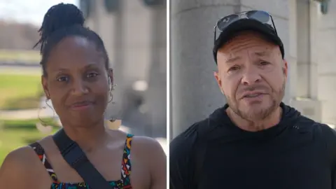 Splitscreen. Left, a woman speaks to camera. Right, a man with shades and a hat.