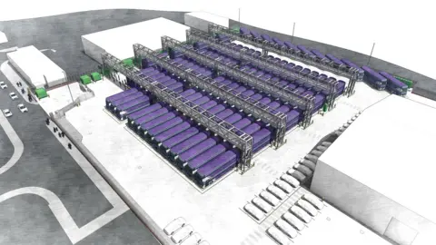 First Bus An artist's impression of the finished Hengrove depot. It is a white and grey drawing, showing the large site where the buses are kept. The electric buses are drawn in purple, and are lined up beside each other in six rows. Above them are metal bridge structures where the charging ports will be. 