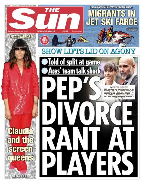 The headline on the front page of the Sun reads: "Pep's divorce rant at players."
