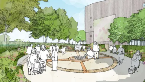 SOUTH CAMBRIDGESHIRE DISTRICT COUNCIL An artist's impression of an open circular space outdoors - with brickwork in the shape of a Christian cross in a circle. Around it there are people standing, vegetation and trees. One side of a community hub can be seen in the background - of about three storeys in height.