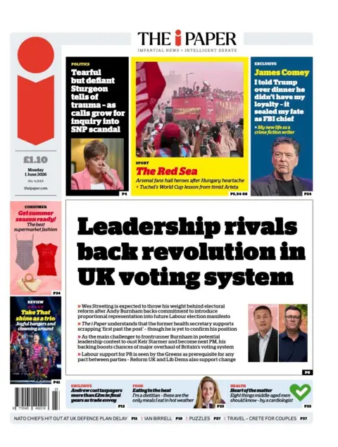 The i Paper's headline reads 'Leadership rivals back revolution in UK voting system'