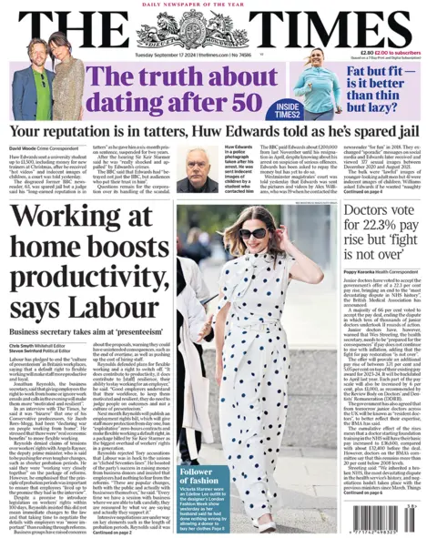 "Working astatine  location  boosts productivity, says Labour" headlines The Times 