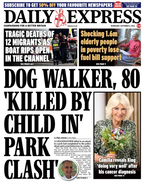 The headline in the Express reads: "Dog walker, 80, 'killed by child in park crash'".