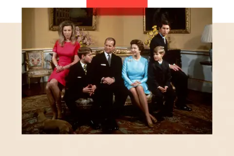 Fox Photos/Hulton Archive/Getty Images The Royal Family at Buckingham Palace, London, 1972. Left to right: Princess Anne, Prince Andrew, Prince Philip, Queen Elizabeth, Prince Edward and Prince Charles