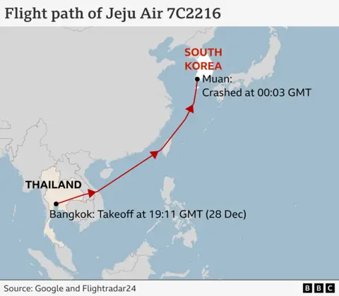 A BBC map showing the flight's path from Bangkok to Muan