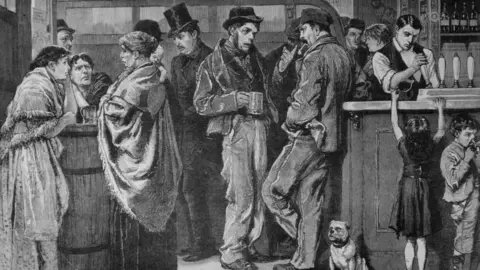 Getty Images A contemporary engraving of clientele in a gin palace