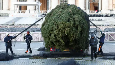 Reuters Four men are trying to move a huge Christmas tree in a central square. Two men cover it with netting, and the other two are walking along side it. It is in the back of a truck. 