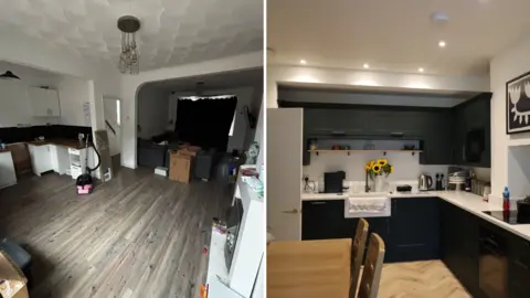 BBC/Supplied A before and after image showing the kitchen before with clutter and white cabinets with a grey floor. The after image shows a new navy kitchen with wooden floor.