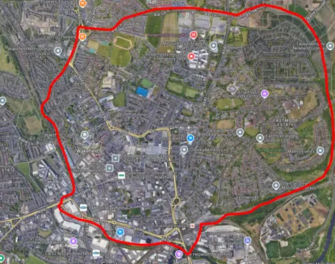 Google Earth/West Yorkshire Police Google satellite image showing the area of Wakefield covered by the police Section 60 order, which surrounds Kirkgate Station, Wakefield College, Pinderfields Hospital and the Eastmoor estate