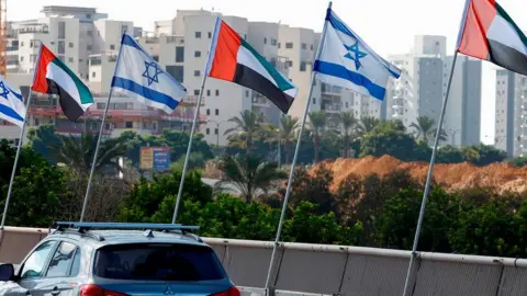 Getty Images Israeli and United Arab Emirates flags line a road in the Israeli coastal city of Netanya, on August 16, 2020