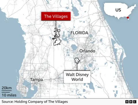 Map of central Florida highlighting The Villages north of Orlando, with Orlando, Walt Disney World, and Tampa labeled, plus an inset showing Florida’s location in the US
