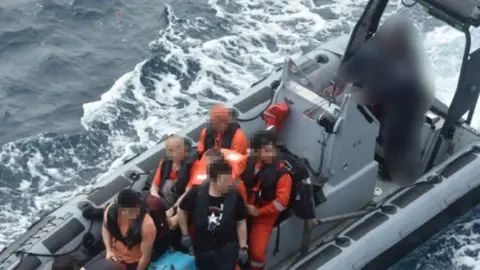 EUNAVFOR EUNAVFOR handout showing the crew of the Greek-flagged tanker Sounion being rescued by a warship in the Red Sea (21 August 2024)