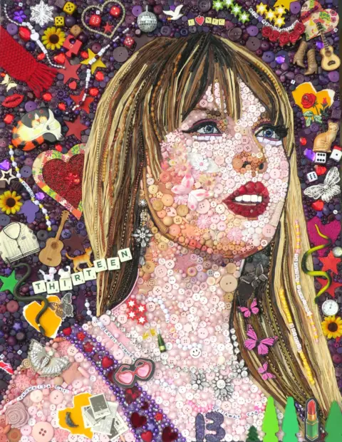 Jane Perkins Taylor Swift smiles out from her portrait of found items. From scrabble words, to a toy seagull, a knitted scarf and jewellery are all used to make the picture