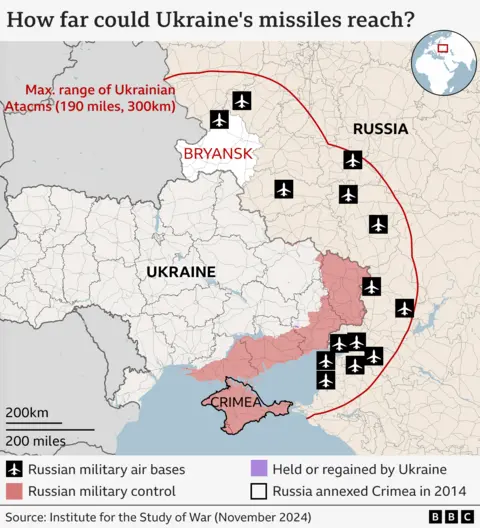 A map showing the location of the Bryansk region of Russia, which lies on the northern border of Ukraine and also shares a border with Belarus. The entire region is shown as being within the range of Ukraine’s Aatcms missiles.