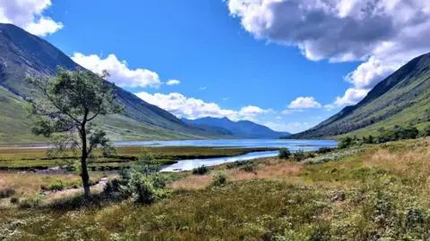 Victor Tregubov Mountain valley with a winding river beneath blue skies.