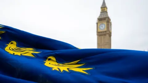 UK Parliament The blue and yellow Sussex flag flutters in front of the clock tower of the Houses of Parliament.
