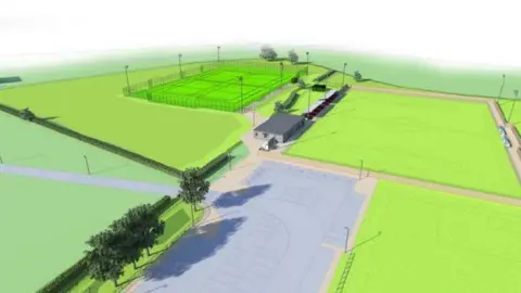 A computer generated image showing an aerial view of a propose sports hub, which includes a 3G pitch, a pavilion and other pitches around it.