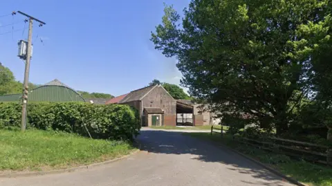 Google A narrow road leads to a farm with brown-brick buildings and a green corrugated metal shed. A telegraph pole stands to the left and a green tree to the right, under a blue sky.