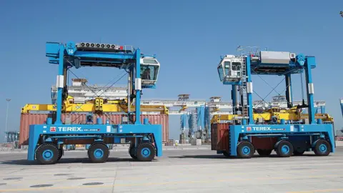 Getty Images Two blue machines with Terex branding at Khalifa Port