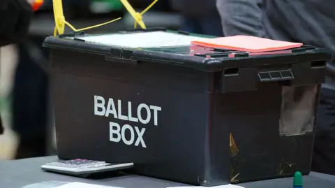A black ballot box, tied with yellow plastic tags. Beside it lies a calculator, and on top, a number of slips. 