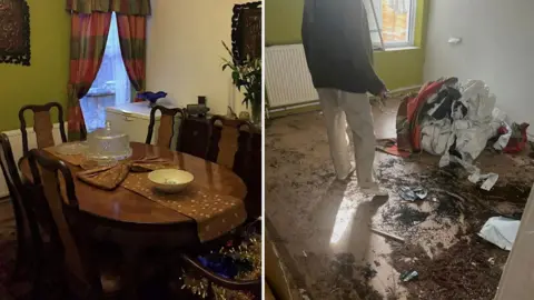 The before and after images of Hassan's dining room show a neatly decorated table surrounded by ornate chairs and an empty room with a layer of soil at the near end and the curtains and other materials gathered into a ball