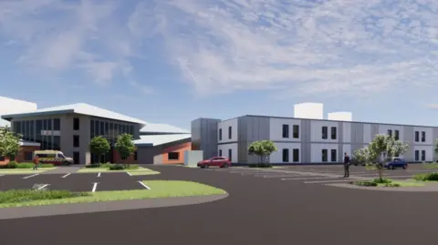 ModuleCo A computer generated image of the proposed two-storey hospital. It is is a white building and there is a car park with a red car, blue car and ambulance.