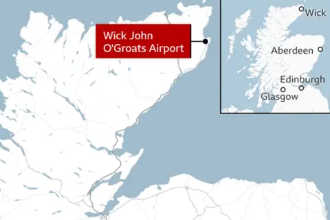 A map of Scotland showing the locations of Wick John O'Groats Airport.