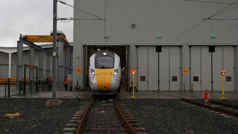 Scott Heppell/AFP via Getty Images The first Hitachi Intercity Express Programme train (IEP) is unveiled at Hitachi's manufacturing plant in Newton Aycliffe in December 2016