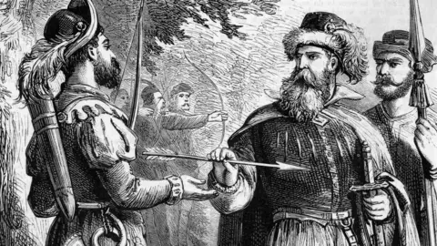Bettmann/Getty Robin Hood receiving the prize arrow from the Sheriff of Nottingham. Undated woodcut.