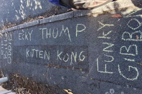 Tom Johnston A shot of a pavement with yellow chalk writing on, reading RIP Bill Oddie, Ecky Thump, Kitten Kong and Funky Gibbon 