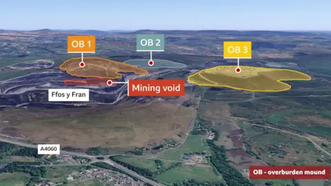 Google BBC Wales map showing Ffos-y-Fran and the three overburden mounds