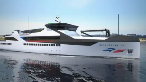 BMT CGI image of white passenger ferry in water. The vessel is large and white. It has the Scillonian IV logo at the front.