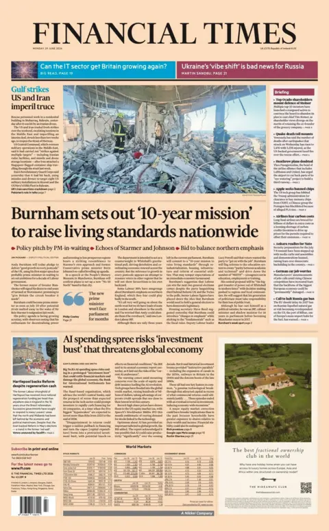 BBC "Burnham sets out '10-year mission' to raise living stands nationwide" reads the headline on the front page of the Financial Times. 