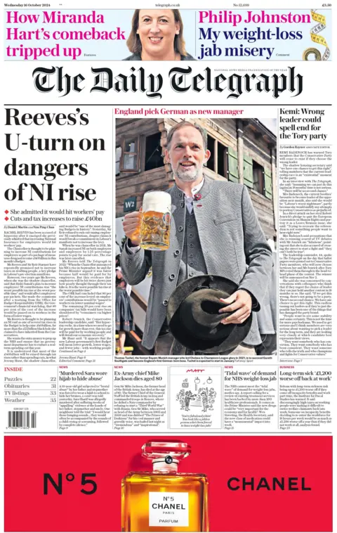 daily telegraph Daily Telegraph newspaper has the headline Reeve's U-turn on dangers of NI rise and a picture of Thomas Tuchel alongside the caption England pick German as new manager