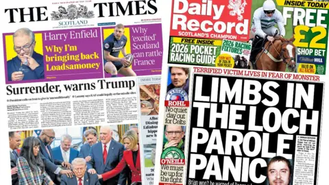 Front pages of The Times and Daily Record newspapers