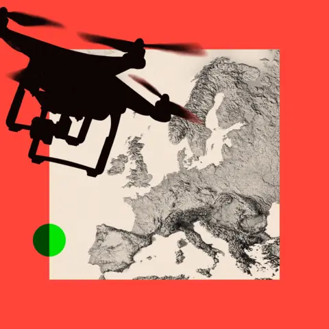 BBC A treated image showing drones with a partial map below