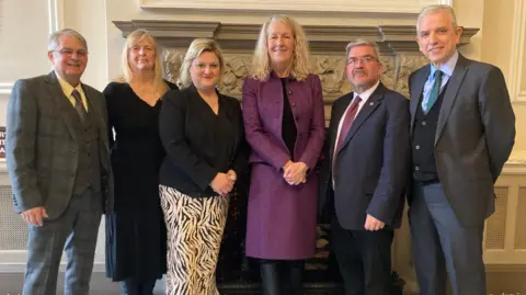 Left to right: Hans Mundry (leader of Warrington Borough Council), Jean Flahery (deputy leader of Warrington Borough Council), Karen Shore (deputy leader of Cheshire West and Chester Council), Louise Gittins (leader of Cheshire West and Chester Council), Nick Mannion (leader of Cheshire East Council) and Michael Gorman (deputy leader of Cheshire East Council).