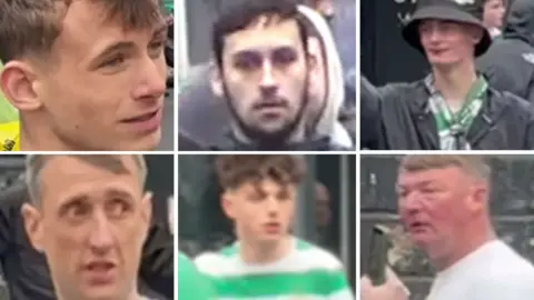 Six images of men caught on CCTV, two of which are wearing Celtic colours