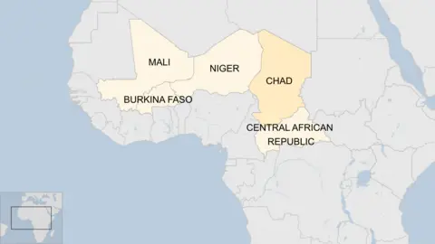 Map showing Burkina Faso, Mali, Niger, Chad and Central African Republic