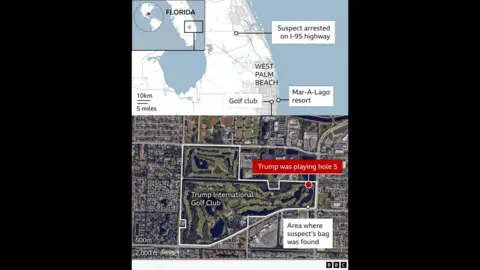 Map showing where the suspect was arrested relative to Donald Trump's golf club and Mar-A-Lago resort.