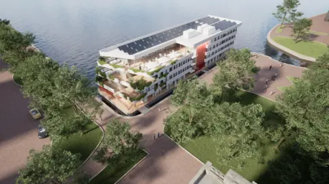 Meyer Floating Solutions A artist's impression of the floating hotel shows it moored to the end of Roath Basin near Britannia Park, which has trees, grass and paths along the quay. The hotel itself looked like a cruise ship, with just a flat bow and stern. It is white, four-storeys tall and has a terrace and solar panels on the roof.