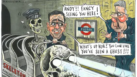 A satirical political cartoon set at Euston station, depicting a skeleton train driver with Andy Burnham emerging from a tunnel and startling Sir Keir Starmer. Starmer is quoted as saying: "Andy!! Fancy seeing you here!" and Burnham is quoted as saying: "What's up Keir? You look like you've seen a ghost"