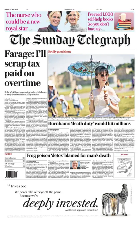 The headline on the front page of the Sunday Telegraph reads: "Farage: I'll scrap tax paid on overtime."