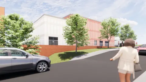 An artist's impression of the new building. A white-coloured building is directly next to an oak-coloured building. There are cars and trees in the foreground. 