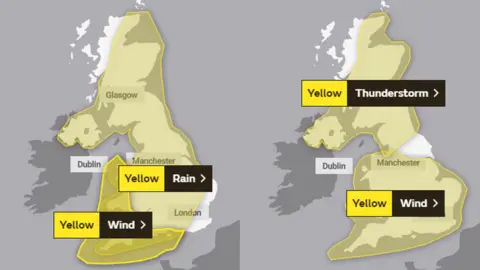 Met Office Graphic showing Met Office weather warnings for Friday and Saturday